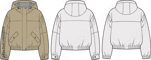 Hooded jacket technical flat vector illustration cad drawing for fashion apparel design manufacturing reference front back view production template