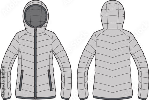 Hooded longline puffer jacket technical flat vector illustration, cad drawing for fashion apparel design manufacturing reference front back view template
