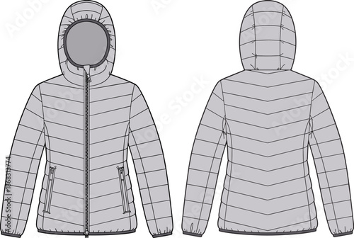 Hooded puffer jacket technical flat vector illustration, cad drawing for fashion apparel design manufacturing reference front back view template production