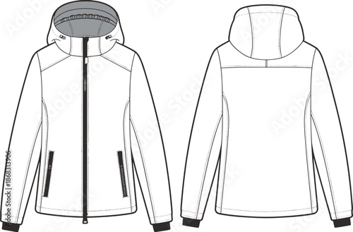 Hooded winter jacket front and back, technical fashion flat, vector CAD apparel drawing, zipper outerwear illustration, minimalist clothing design template