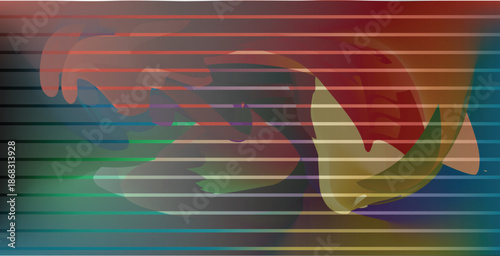 Glass ripple texture with dark gradient background and lilac light streaks.  Vibrant sunset glowing through geometric structural glass. Vector background. 