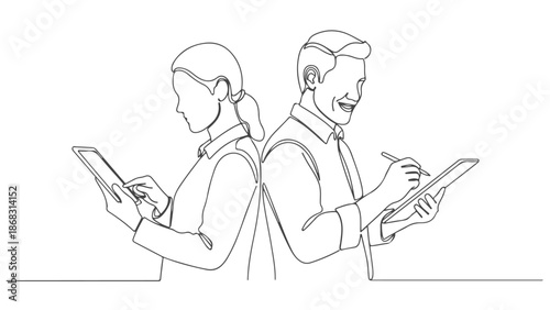 Continuous one line art vector illustration of a man and woman back to back, each using a tablet device, in a minimalist style