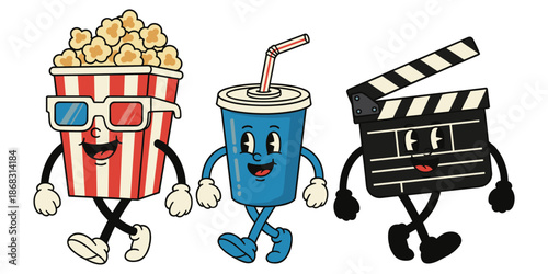 Cartoon characters of popcorn, soda, and clapperboard with faces vector illustration