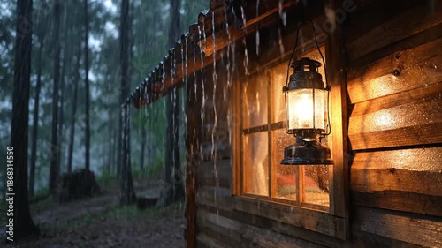 Rain-soaked log cabin glows with lantern light as a misty forest surrounds a quiet night near pines!