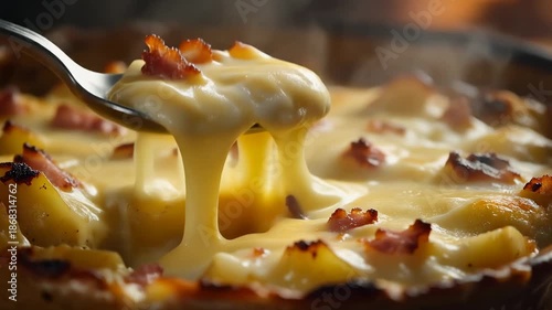 Close-up of cheesy pull melted cheese dripping from a spoon over a savory dish topped with crispy bacon
