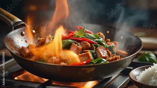 Crispy pork and basil stir-fry cooking in a hot wok over an open flame with steam rising a popular thai street food dish.