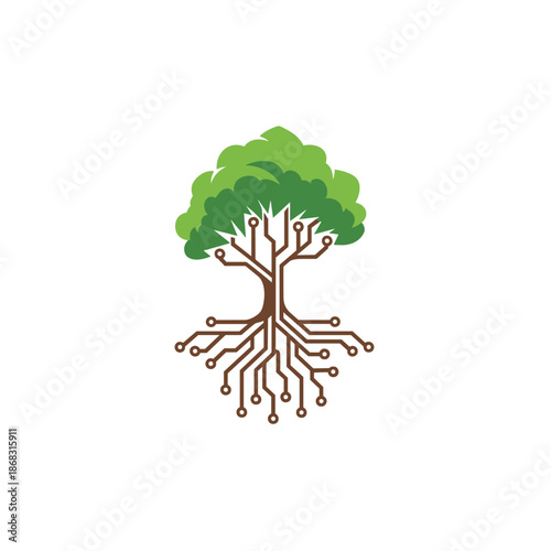 A stylized illustration of a tree with its trunk and roots designed to resemble a circuit board, symbolizing the intersection of nature and technology.