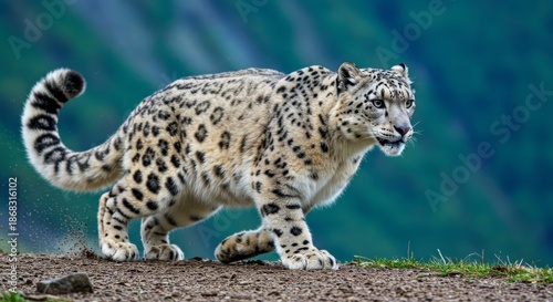 leopard in the snow in action