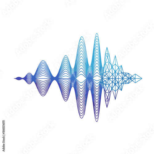 Abstract visualization of a sound wave with intricate geometric patterns and a gradient of blue and purple hues.