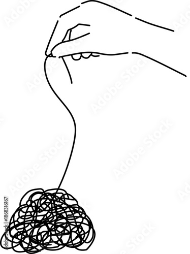 絡まる糸をほどく手、逆境や解決を象徴シンプル線画