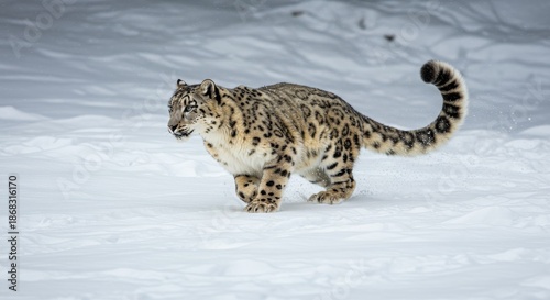 leopard in the snow in action