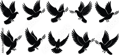 Flying dove bird silhouette collection, peace symbol with olive branch, multiple wing positions, minimalist black wildlife vector illustration isolated on white background