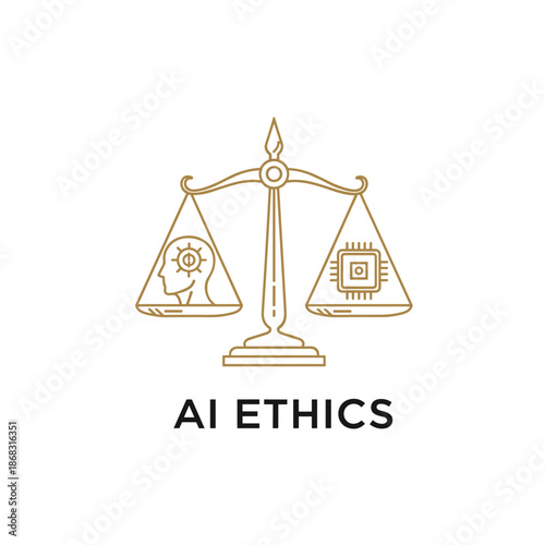 Scales of justice balancing a human head with gears and a computer chip, symbolizing AI ethics.