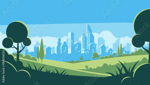Green park landscape with modern city skyline in the background, Urban nature scene under a blue sky.