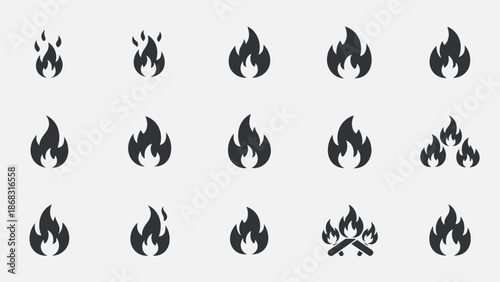 Set of black fire flame icons and symbols on a light gray background, Various burning and campfire elements.