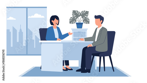 Professional man and woman conducting an interview or engaging in a business discussion at an office desk with a cityscape view.