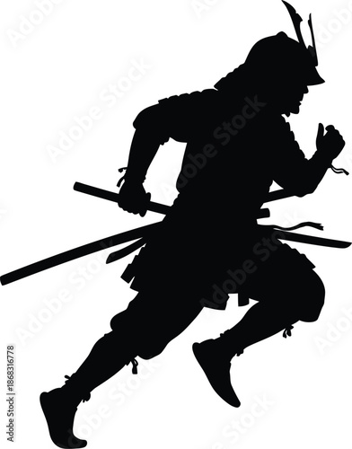 Silhouette of a samurai warrior in a dynamic running pose with swords