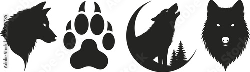 Wild wolf silhouettes, paw print icon, howling wolf under crescent moon, forest animal vector illustration for branding, decals, tattoos, outdoor adventure design
