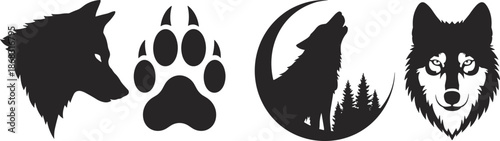 Wild wolf silhouettes, paw print and howling wolf under moon, forest wildlife vector icons for branding, decals, tattoos and outdoor adventure design