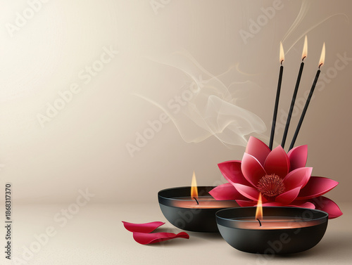 Aroma candle flower incense meditation zen spa relaxation flame smoke petal lotus wellness calm harmony soft background copyspace peaceful