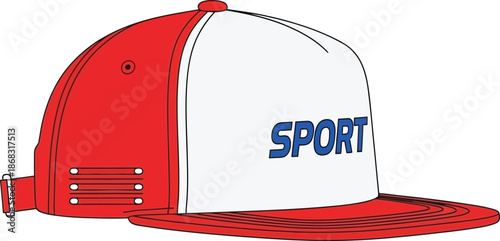 A colorful red and white baseball cap with the word sport on it