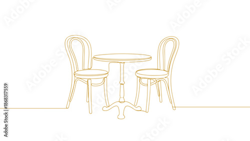A continuous one line art vector illustration of a round cafe table with two chairs, minimalistic design