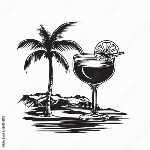 Tropical Cocktail on Beachside Table With Palm Trees Image Vector