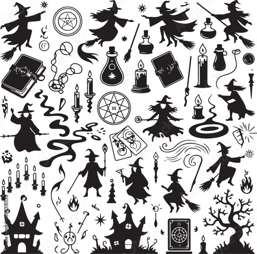 Black silhouette witchcraft magic symbols and witches on white background
