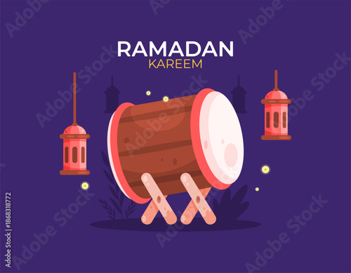 Illustration of a bedug or drum and lantern. Ramadan Kareem concept. Symbol, icon, decoration, ornament, banner or greeting card design element for Ramadan, Eid al-Fitr, Eid al-Adha celebrations