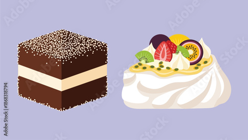 Traditional Australian Desserts on Purple Background, Lamington and Pavlova Cake Icons, Aussie Sweet Cuisine Vector