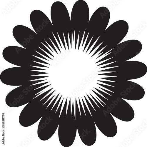 A stylized black and white flower with pointed inner petals and rounded outer petals on white background