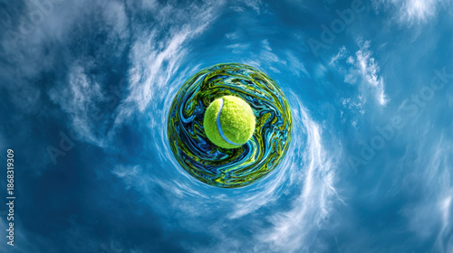 Vibrant green tennis ball surrounded by swirling blue and green patterns, creating a dynamic visual effect against a bright sky, representing energy and motion in sports