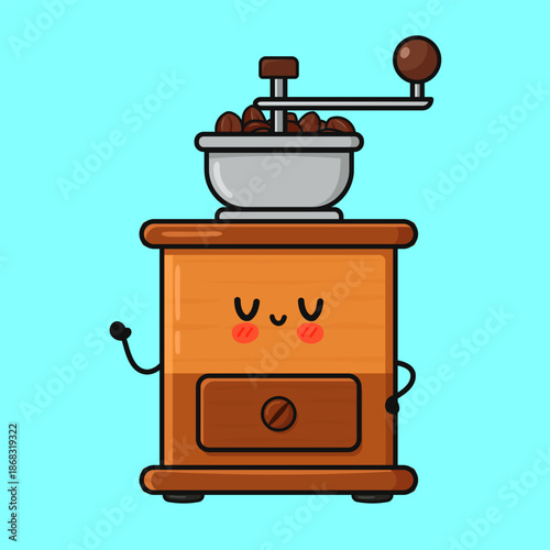 Kawaii coffee grinder mascot character brewing fresh beans
