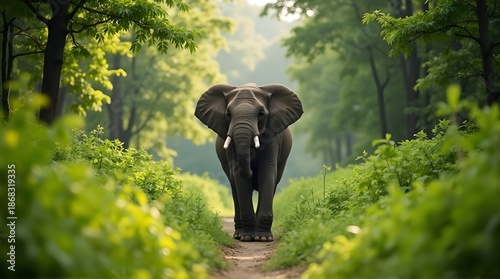 Strong elephant standing confidently in a green jungle environment, highlighting strength and natural wildlife.
