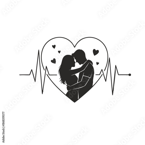Couple embracing within a heartbeat symbol surrounded by hearts