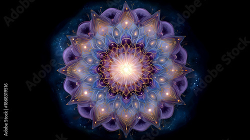 Vibrant mandala illustration featuring intricate patterns and luminous colors, radiating energy from the center, creating a mesmerizing visual experience of harmony and balance