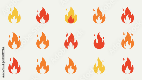 Set of various stylized fire flames and burning icons in red and orange colors on a light grey background.