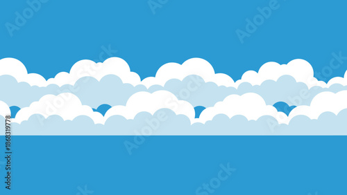 Seamless pattern of cartoon clouds floating across a wide blue sky, bright and endless outdoor background.