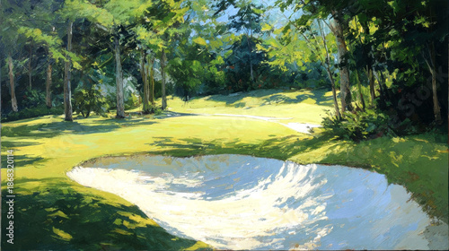 Lush green golf course landscape featuring a sand bunker surrounded by trees and sunlight, creating a serene atmosphere for outdoor sports and leisure activities
