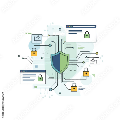 Illustration of a shield surrounded by circuit board lines, security icons, and browser windows with padlocks on a light blue background, conveying cybersecurity concepts.