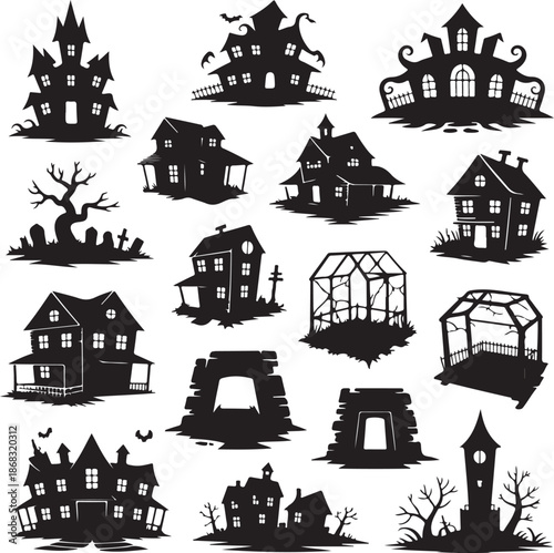Black silhouettes of various haunted houses and spooky structures on white background