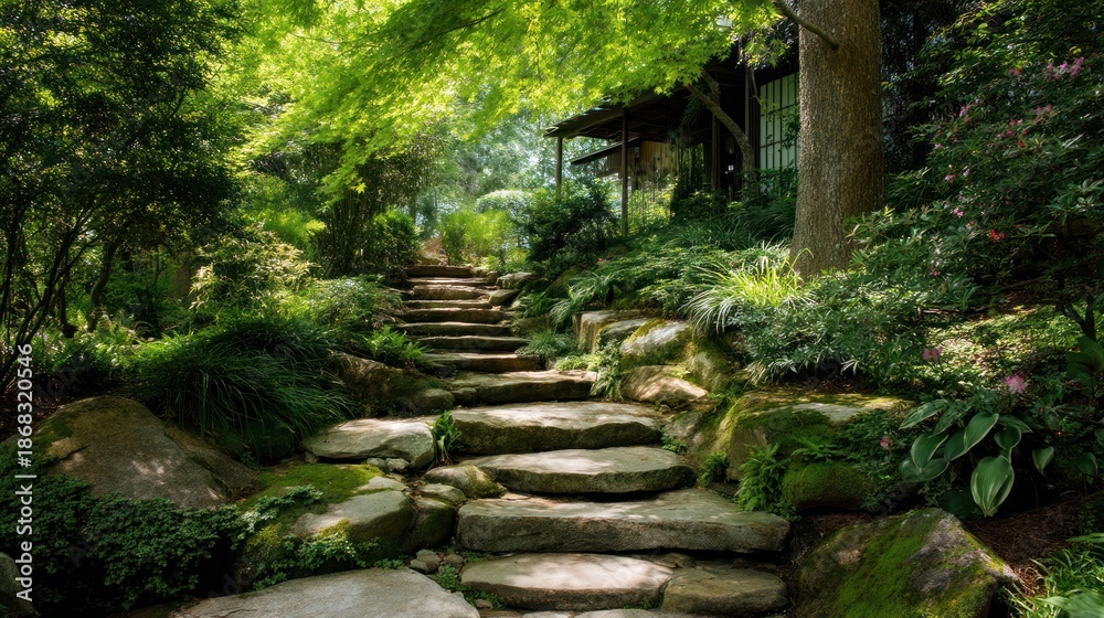 Naklejka premium Stone steps leading through green forest