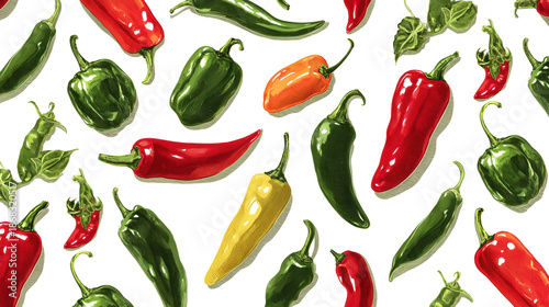 Colorful assortment of fresh chili peppers, including red, green, yellow, and orange varieties, arranged artistically on a white background, showcasing vibrant colors and textures