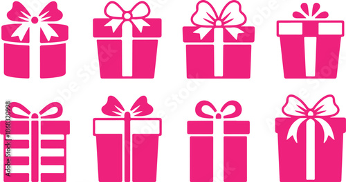 Collection of eight vibrant pink gift boxes with white ribbons for festive celebrations