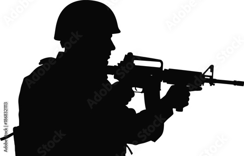 Silhouette of a soldier holding a rifle representing military strength and defense