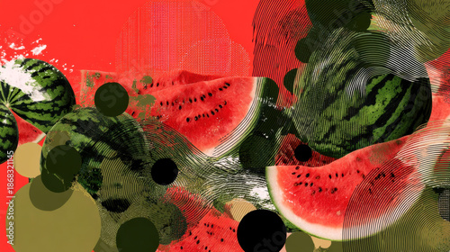 Vibrant abstract illustration featuring watermelon slices and green melons, set against a bold red background with dynamic shapes and textures, creating a lively summer atmosphere