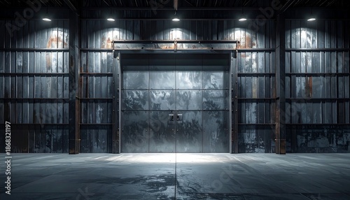 Industrial metal door inside a warehouse with strong surface texture and dramatic lighting, creating a powerful urban atmosphere suited for industrial, architectural, and gritty design concepts.