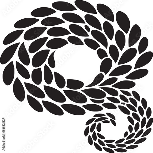 Black teardrop shapes arranged in circular patterns forming two spirals on a white background