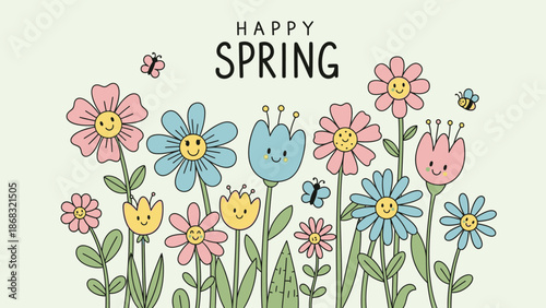 Cheerful cartoon flowers with happy faces and butterflies under "Happy Spring" text on a light green background