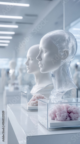Futuristic female mannequin heads with floral accents in minimalistic display. Fungal Disease Awareness Week